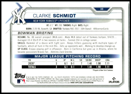 2021 Bowman Chrome #33 Clarke Schmidt Rookie New York Yankees