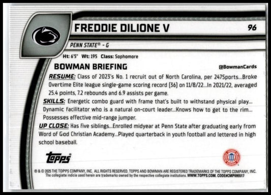 2024-25 Bowman University Chrome Purple Lava #96 Freddie Dilione Nittany Lions