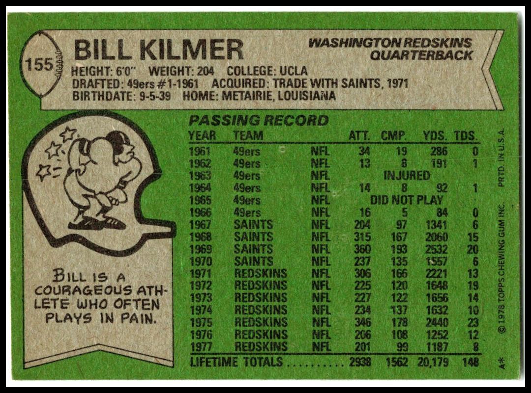 1978 Topps #155 Bill Kilmer Washington Redskins