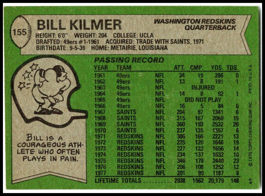1978 Topps #155 Bill Kilmer Washington Redskins