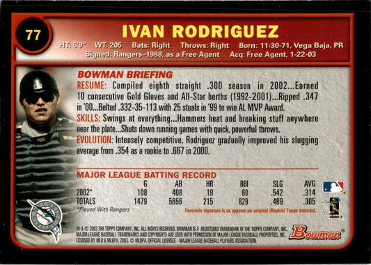 2003 Bowman Gold #77 Ivan Rodriguez Florida Marlins