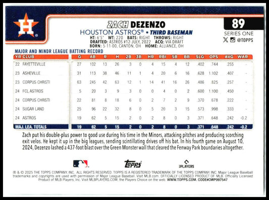 2025 Topps Spring Training #89 Zach Dezenzo Houston Astros