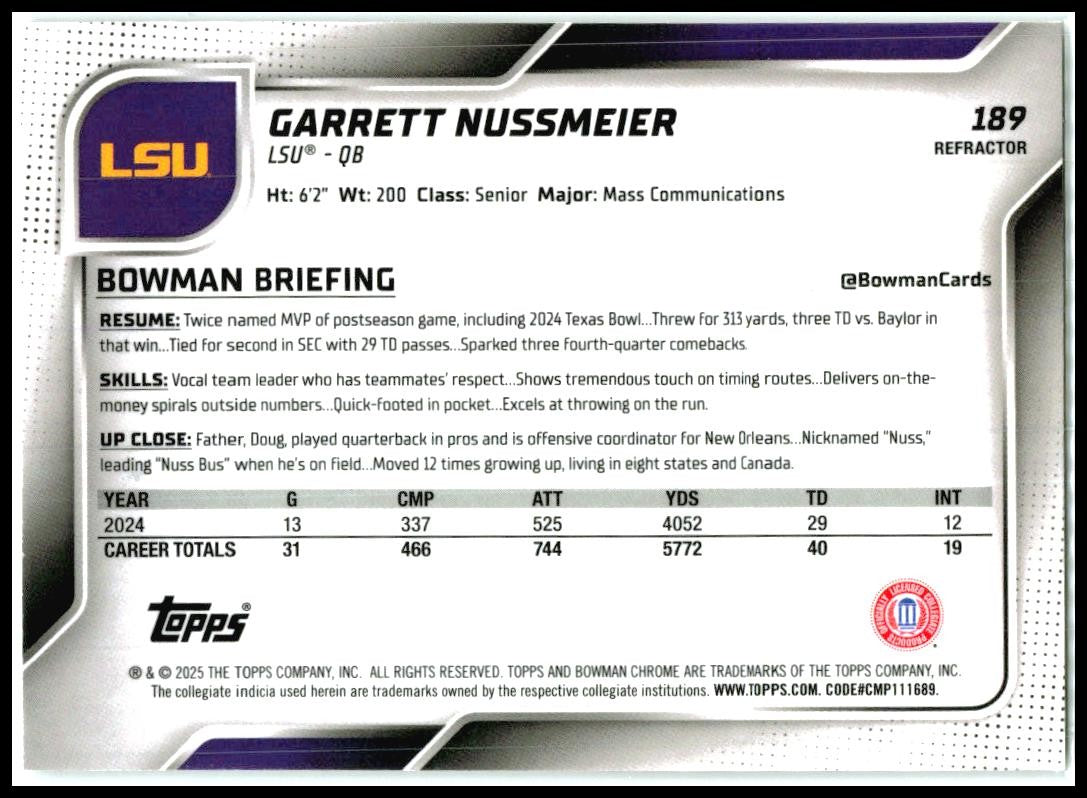 2025 Bowman Chrome University Refractor #189 Garrett Nussmeier LSU