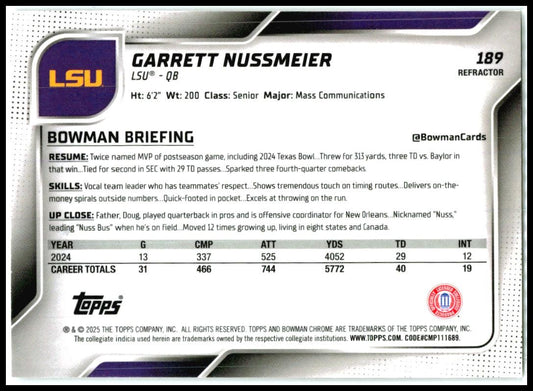 2025 Bowman Chrome University Refractor #189 Garrett Nussmeier LSU