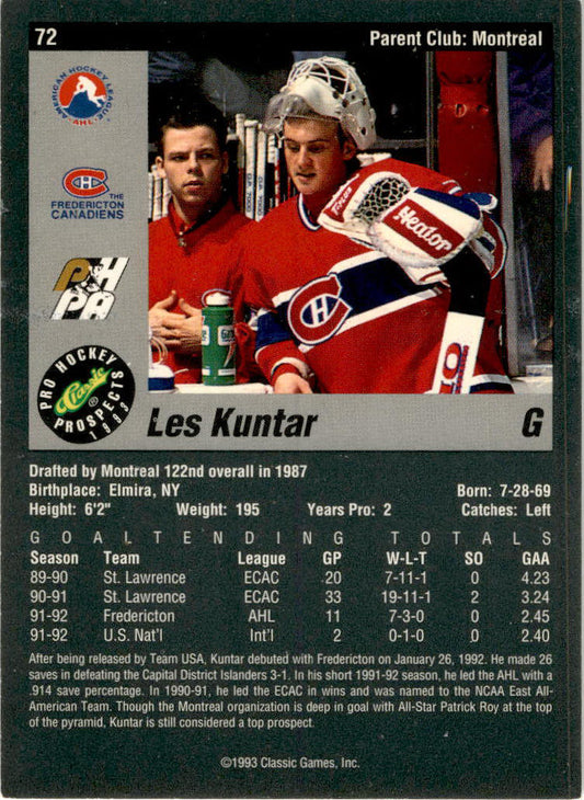 1993 Classic Pro Prospects #72 Les Kuntar Fredericton Canadiens.