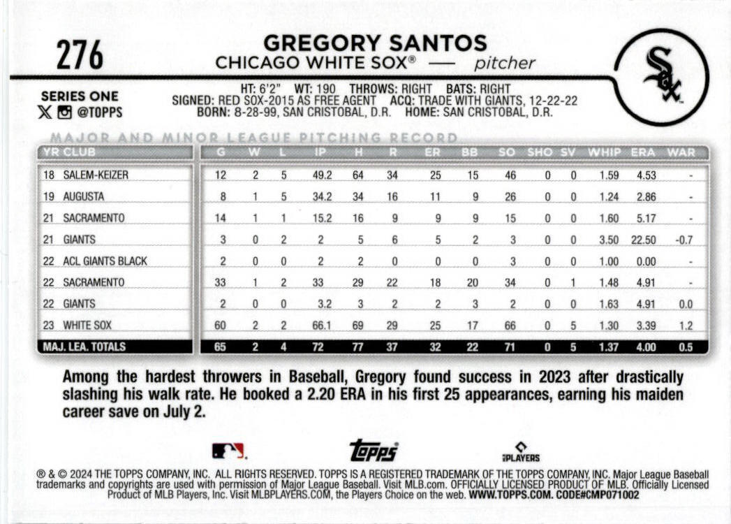 2024 Topps Rainbow Foil #276 Gregory Santos Chicago White Sox