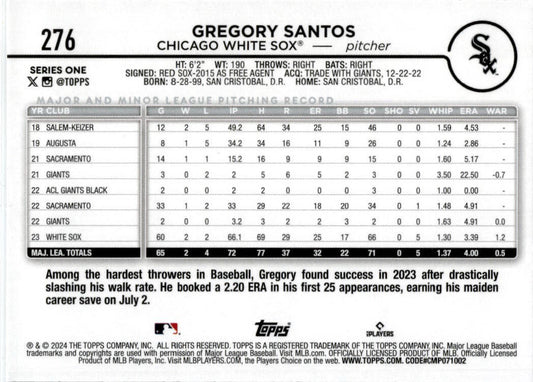 2024 Topps Rainbow Foil #276 Gregory Santos Chicago White Sox