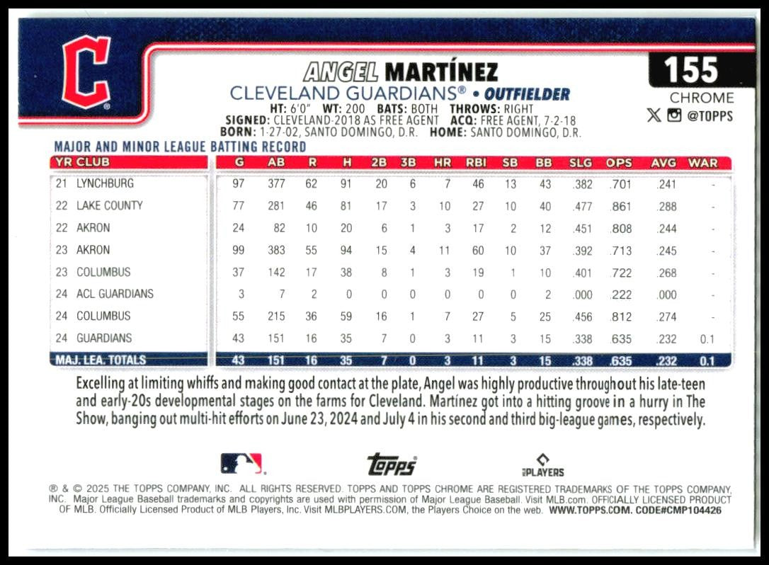 2025 Topps Chrome #155 Angel Martínez Rookie Cleveland Guardians