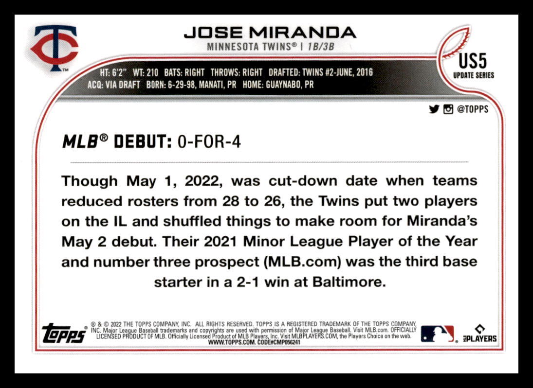 2022 Topps Update #US5 Jose Miranda
