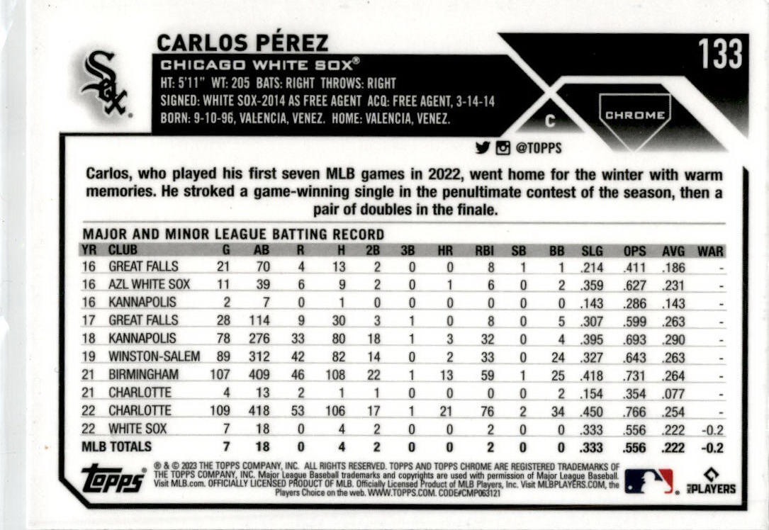 2023 Topps Chrome #133 Carlos Pérez Chicago White Sox.