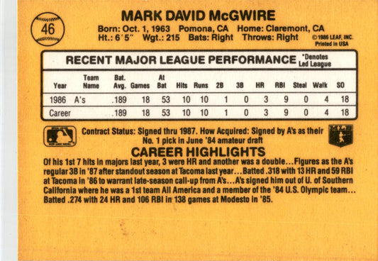 1987 Donruss #46 Mark McGwire Oakland Athletics