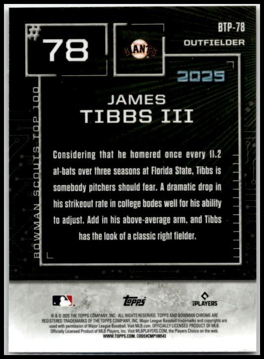 2025 Bowman Scouts' Top 100 #BTP-78 James Tibbs Giants