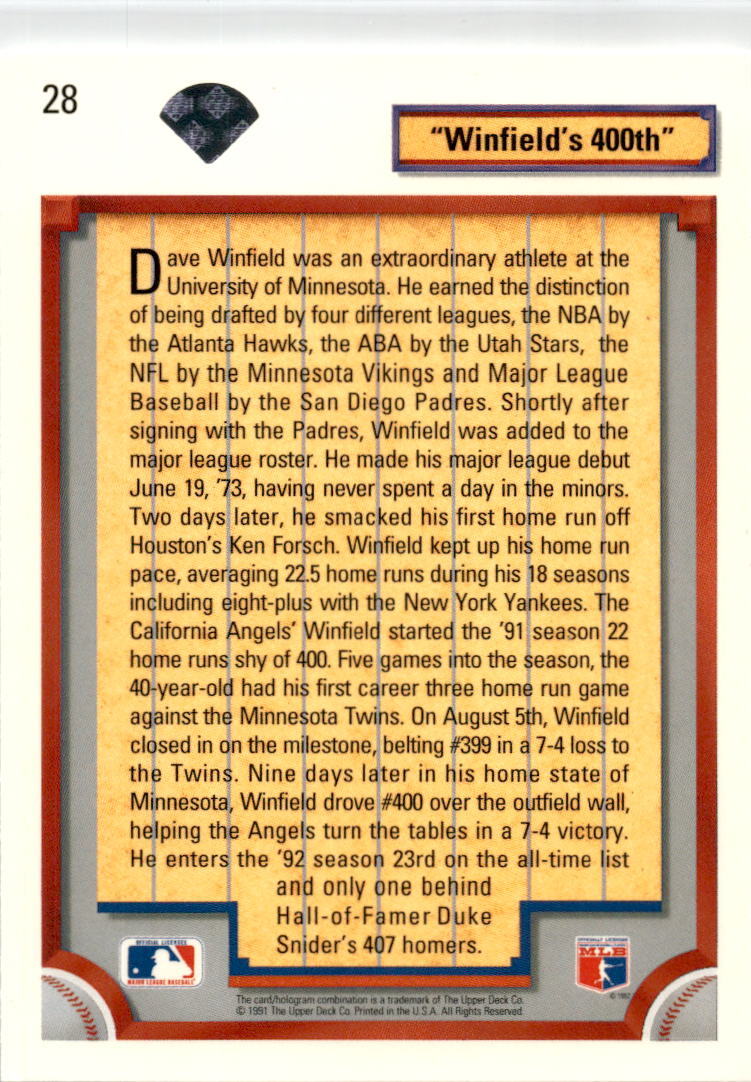 1992 Upper Deck #28 Dave Winfield San Diego Padres