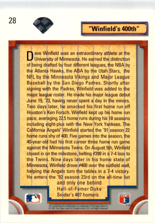 1992 Upper Deck #28 Dave Winfield San Diego Padres