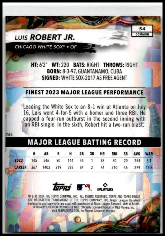 2024 Finest #54 Luis Robert Jr. Chicago White Sox