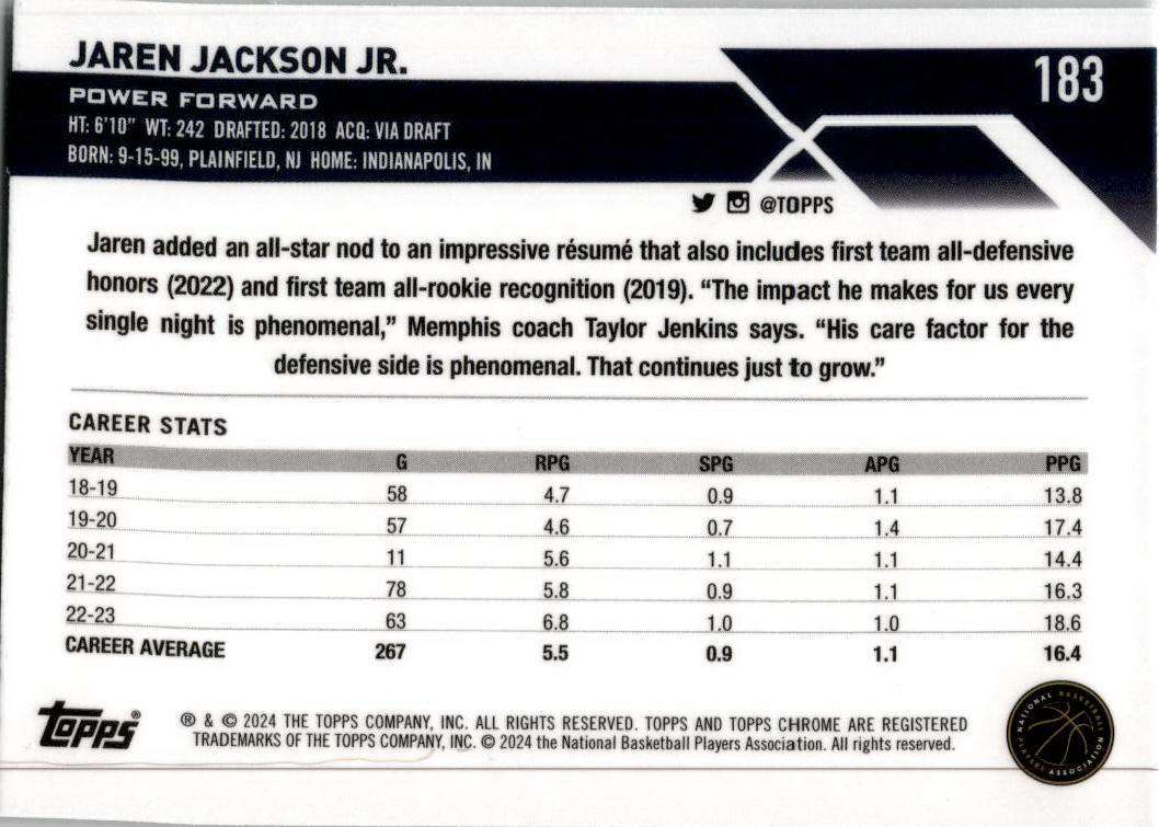2023-24 Topps Chrome Basketball #183 Jaren Jackson JR Memphis Grizzlies