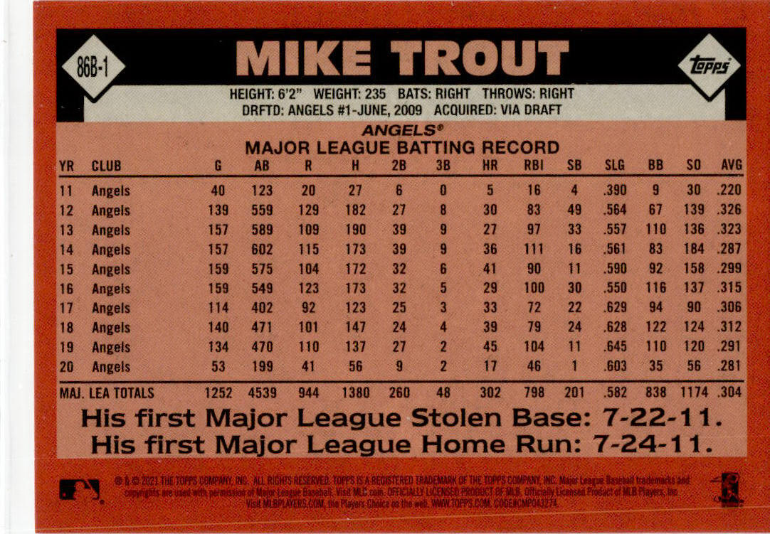 2021 Topps 1986 Baseball 35th Anniversary #86B-1 Mike Trout Los Angeles Angels
