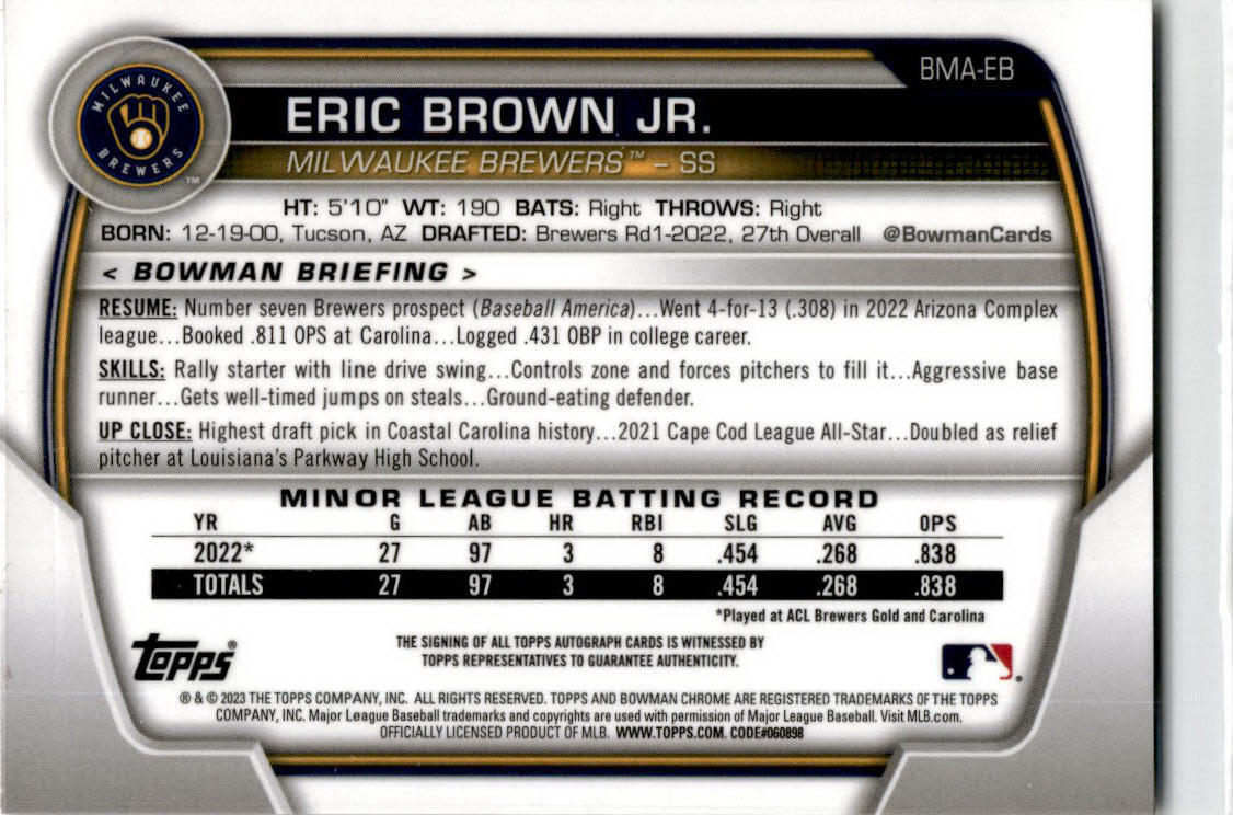 2023 Bowman Chrome Mega Box Mojo #BMA-EB Eric Brown Jr. Auto Milwaukee Brewers