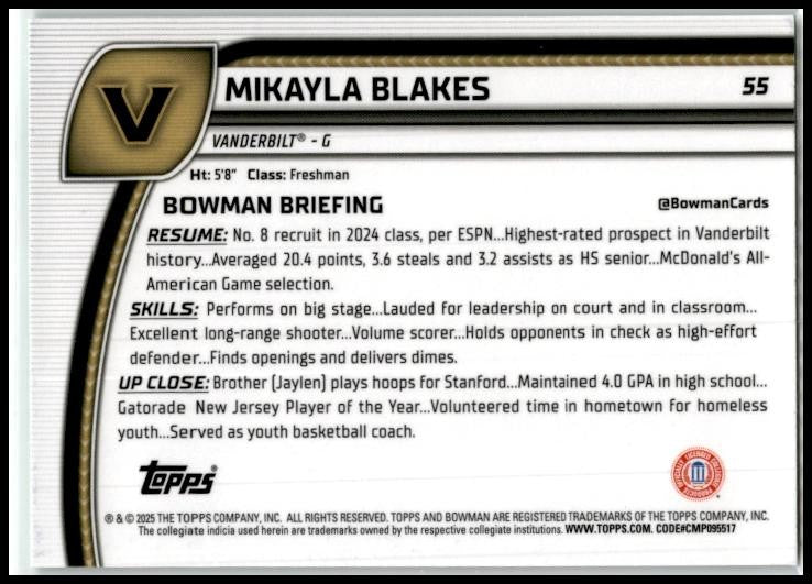 2024-25 Bowman University Chrome Green Shimmer #55 Mikayla Blakes Vanderbilt