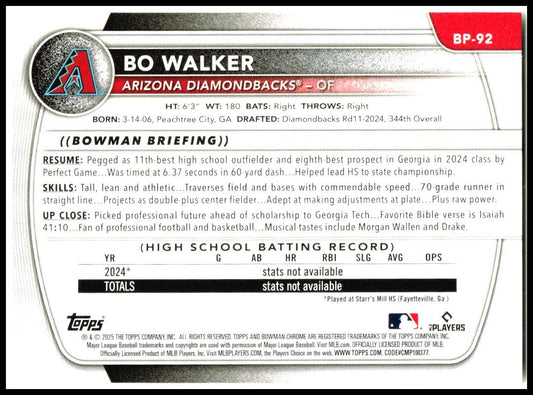 2025 Bowman Prospects #BP-92 Bo Walker Arizona Diamondbacks