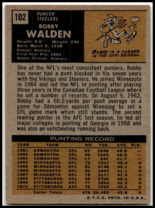 1971 Topps #102 Bobby Walden Pittsburgh Steelers