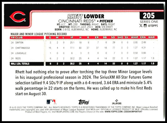 2025 Topps #205 Rhett Lowder Rookie Cincinnati Reds