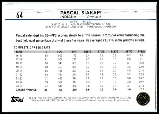 2024-25 Topps Chrome Purple Refractor #64 Pascal Siakam Indiana Pacers