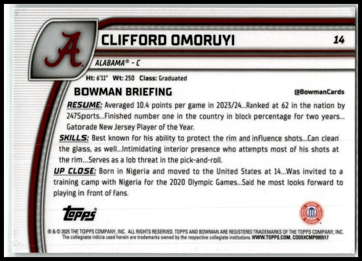 2024-25 Bowman University Chrome Green Shimmer #14 Clifford Omoruyi Alabama