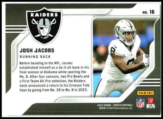 2023 Panini Zenith Behind the Numbers #16 Josh Jacobs Las Vegas Raiders