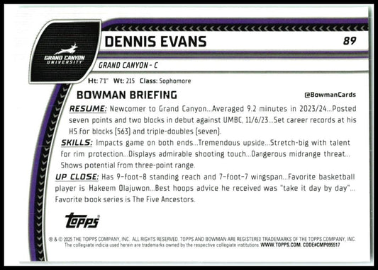 2024-25 Bowman University Chrome Green Shimmer #89 Dennis Evans Grand Canyon