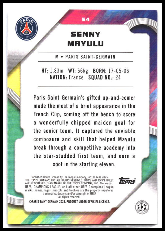 2024-25 Finest UEFA Club Competitions #54 Senny Mayulu Green Lava Refractor #/99