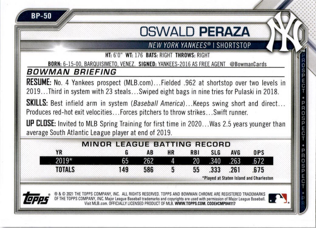 2021 Bowman Purple #BP-50 Oswald Peraza 216/250 New York Yankees