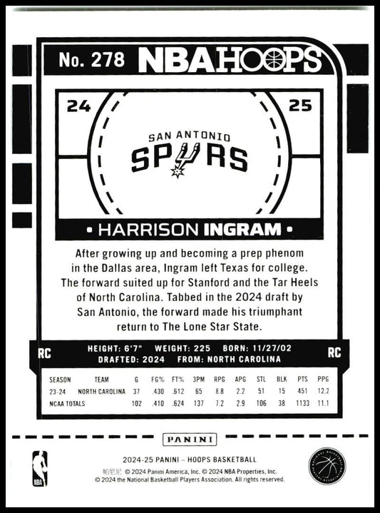 2024-25 Hoops Winter #278 Harrison Ingram Rookie San Antonio Spurs