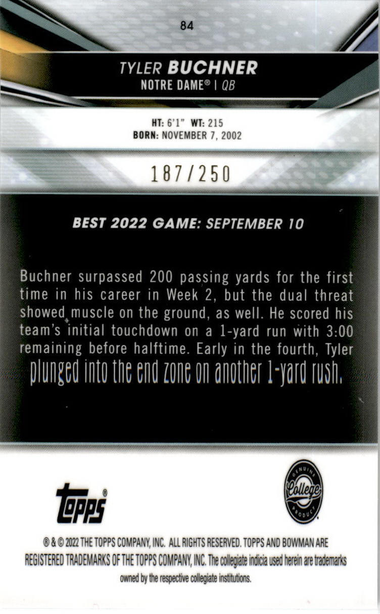 2022-23 Bowman's Best University Purple #84 Tyler Buchner Fighting Irish /250