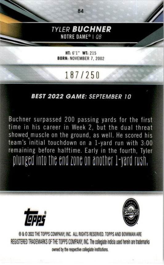 2022-23 Bowman's Best University Purple #84 Tyler Buchner Fighting Irish /250