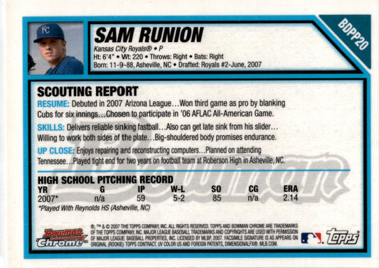 2007 Bowman Draft Picks & Prospects #BDPP20 Sam Runion Kansas City Royals