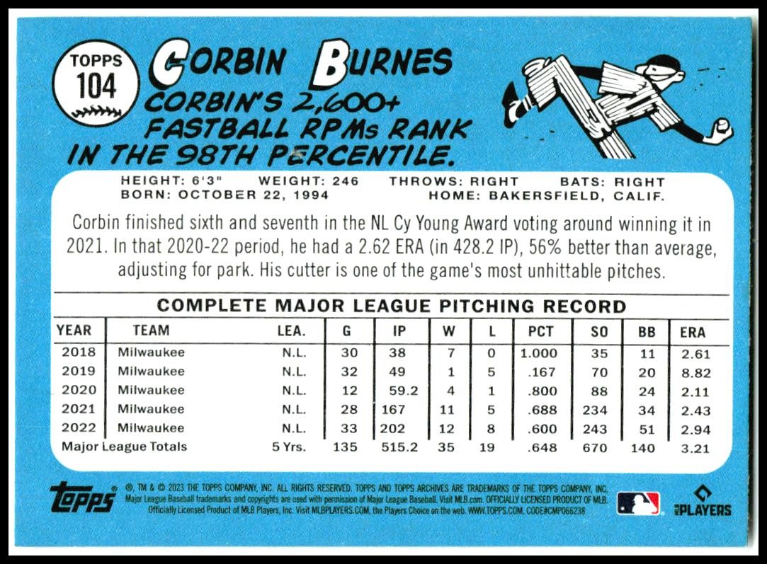 2023 Topps Archives #104 Corbin Burnes Milwaukee Brewers