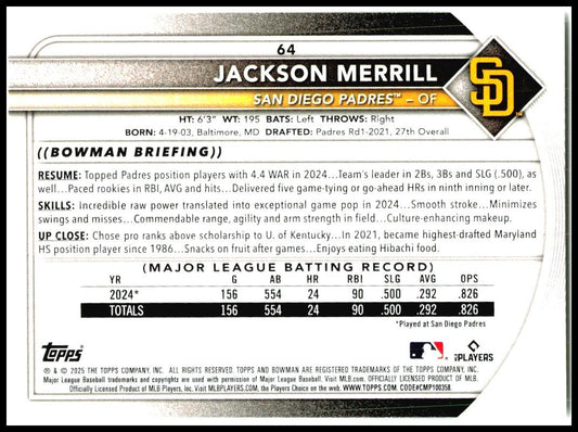 2025 Bowman #64 Jackson Merrill San Diego Padres