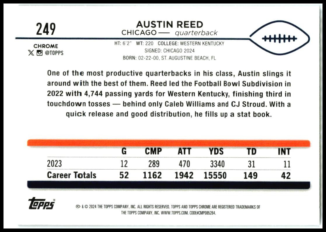 2024 Topps Chrome #249 Austin Reed Rookie Chicago Bears