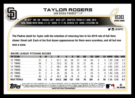 2022 Topps Update #US303 Taylor Rogers