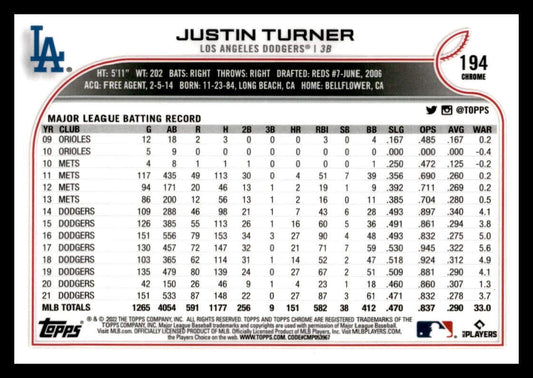 2022 Topps Chrome Sepia Refractor #194 Justin Turner