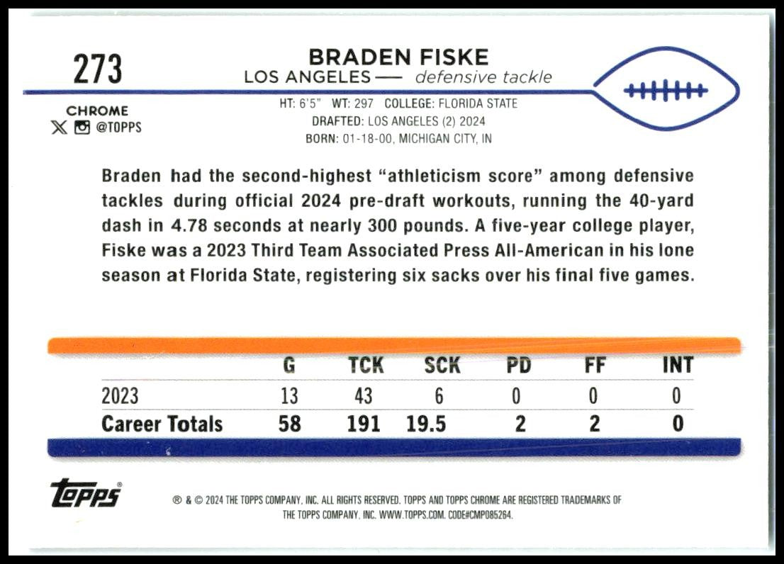 2024 Topps Chrome Sepia #273 Braden Fiske Rookie Los Angeles Rams