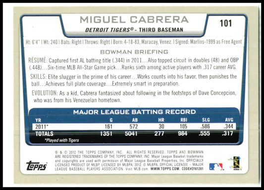 2012 Bowman #101 Miguel Cabrera Detroit Tigers