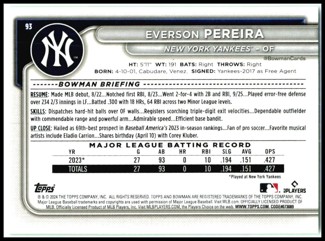 2024 Bowman Neon Green #93 Everson Pereira #/399 New York Yankees