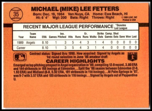 1990 Donruss #35 Mike Fetters Rookie California Angels