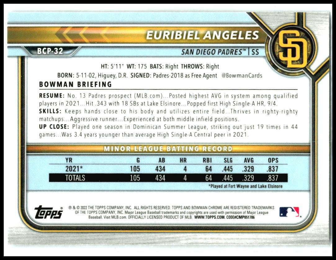 2022 Bowman Chrome Prospects #BCP-32 Euribiel Angeles San Diego Padres