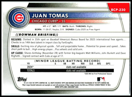 2025 Bowman Chrome #BCP-230 Juan Tomas Cubs