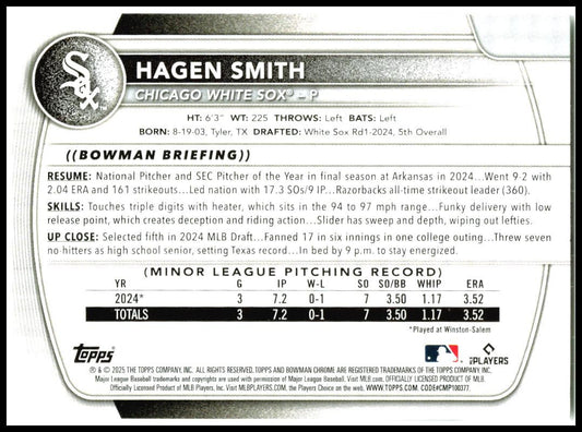 2025 Bowman Prospects #BP-44 Hagen Smith Chicago White Sox