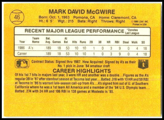 1987 Donruss #46 Mark McGwire Oakland Athletics