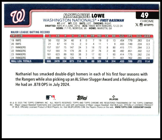 2025 Topps Chrome #49 Nathaniel Lowe Washington Nationals